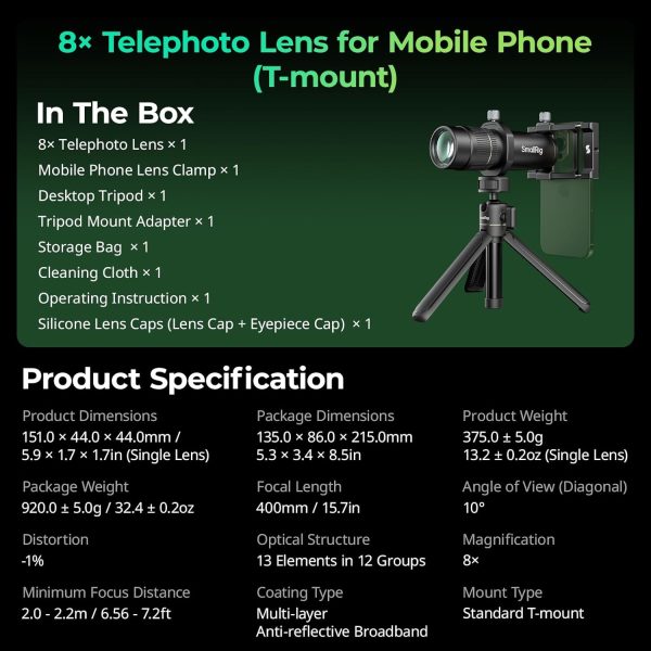 SmallRig 8X Telephoto Lens for Mobile Phone (T-Mount), w Tripod + Aluminium 8X Optical Zoom HD Telephoto Lens + Lens Clamp + Tripod Adapter + Lens Caps + Storage Bag, Support Hand-held Spot Shooting - Image 6